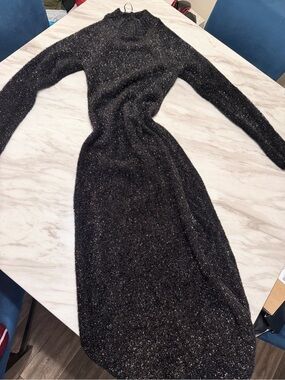 Zara Black Metallic Sparkle Long-Sleeve Midi Dress